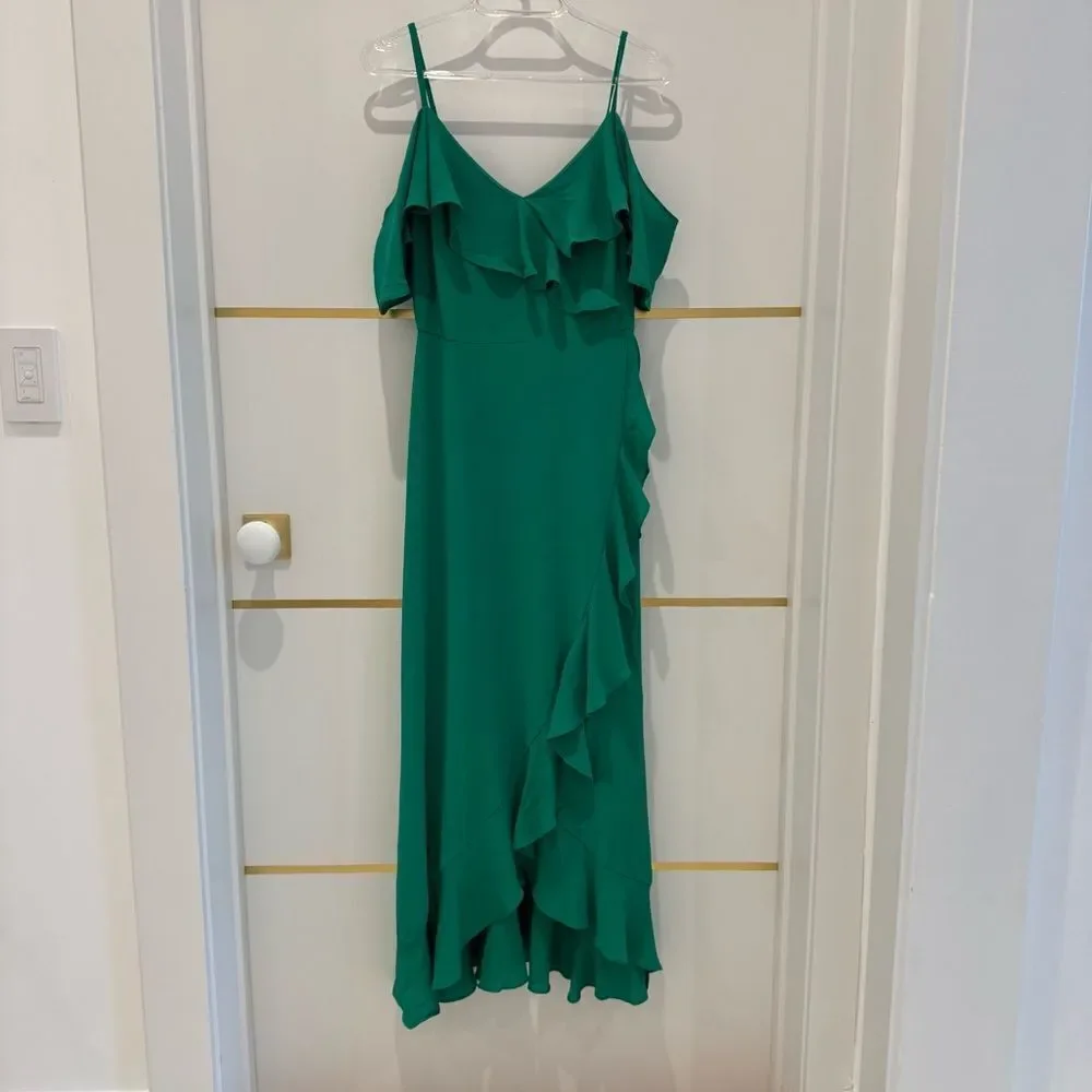 London Times dress green maxi off shoulder ruffle high low holiday party 4
